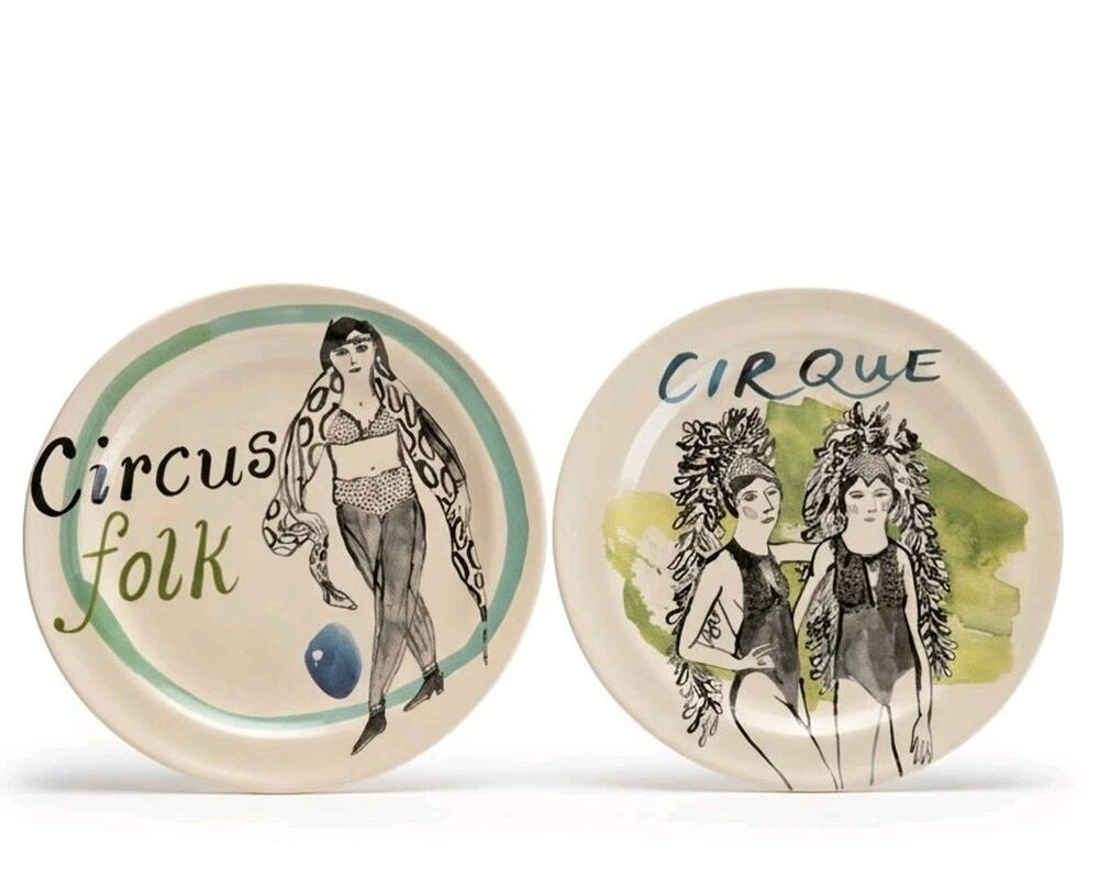 Anthropologie Pia Bramley Cirque/Circus Folk Collection 8½" Plates Set Of 2 GUC